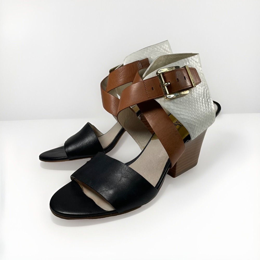 MICHAEL Michael Kors Sandals‎ Tan Off White Snake Black Leather Cross Buckle 9M